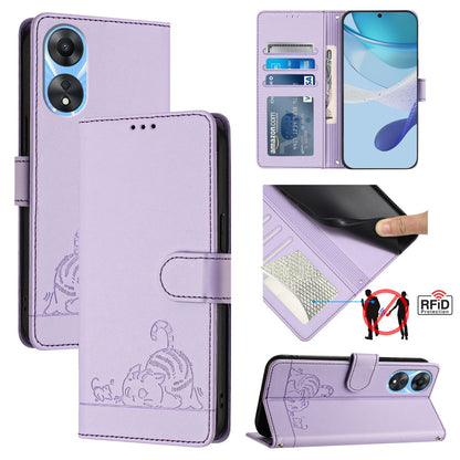 OPPO A78 5G Global Leather Phone Case with Cat and Rat Embossed Pattern, RFID Protection, Card Holder Slots, Anti-fall Feature & Lanyard