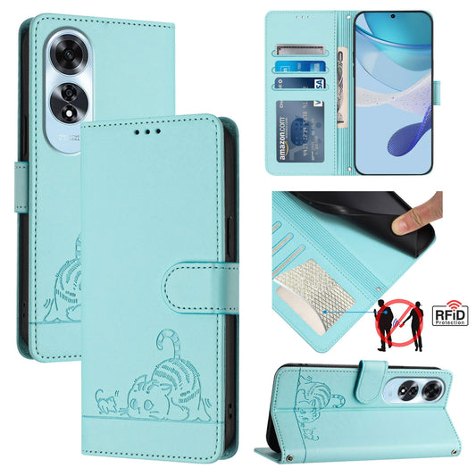 OPPO A60 4G Global Leather Phone Case with Cat and Rat Embossed Pattern, RFID Protection, Card Holder Slots, Anti-fall Feature & Lanyard