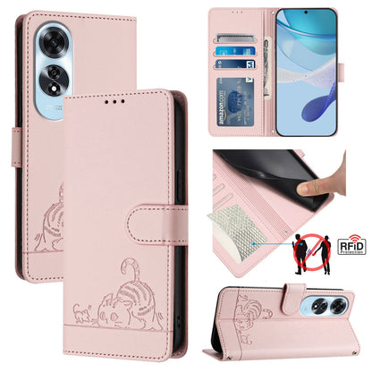 OPPO A60 4G Global Leather Phone Case with Cat and Rat Embossed Pattern, RFID Protection, Card Holder Slots, Anti-fall Feature & Lanyard