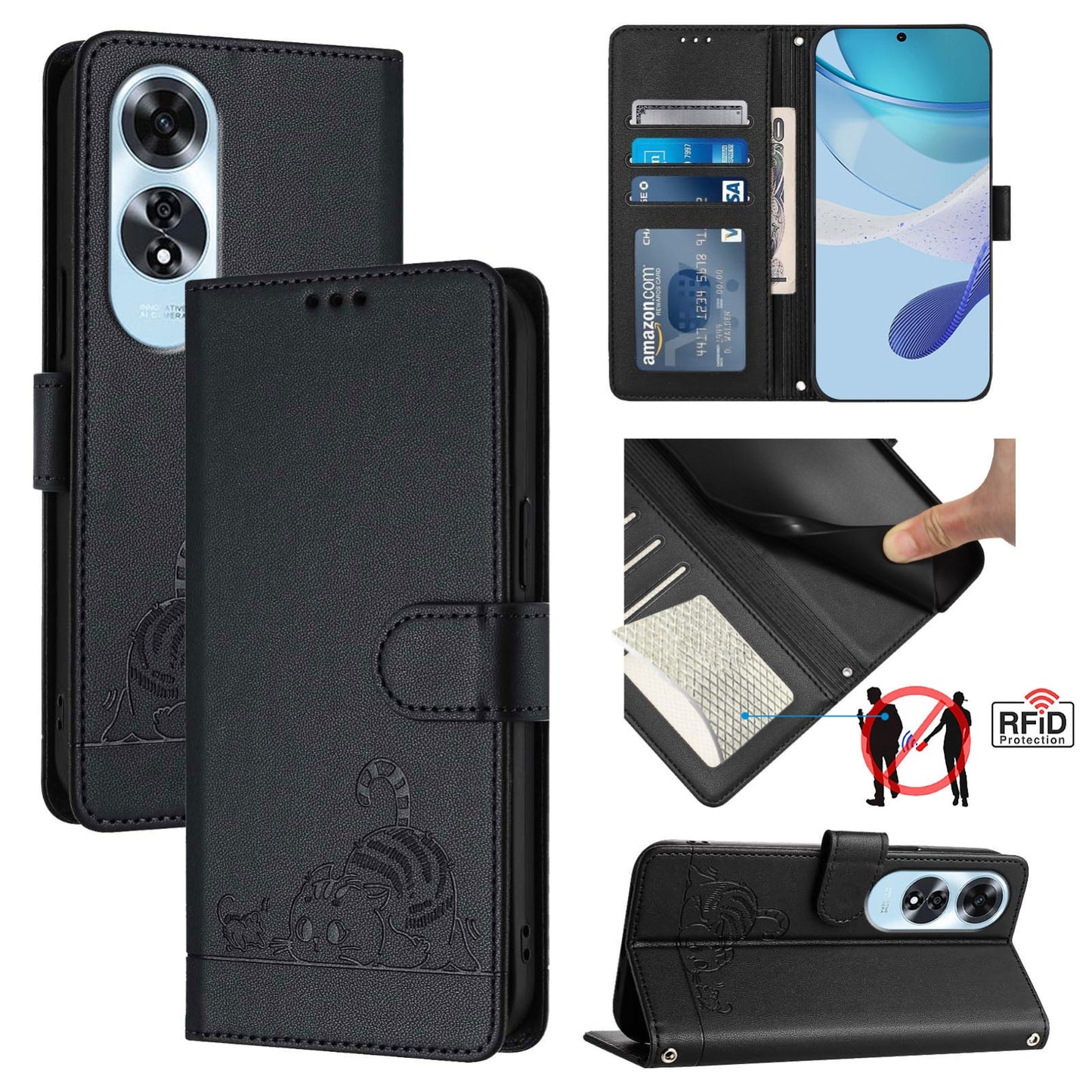 OPPO A60 4G Global Leather Phone Case with Cat and Rat Embossed Pattern, RFID Protection, Card Holder Slots, Anti-fall Feature & Lanyard