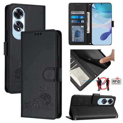 OPPO A60 4G Global Leather Phone Case with Cat and Rat Embossed Pattern, RFID Protection, Card Holder Slots, Anti-fall Feature & Lanyard