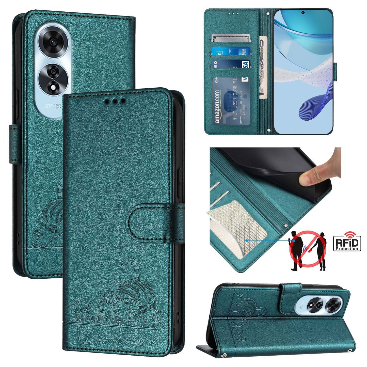 OPPO A60 4G Global Leather Phone Case with Cat and Rat Embossed Pattern, RFID Protection, Card Holder Slots, Anti-fall Feature & Lanyard
