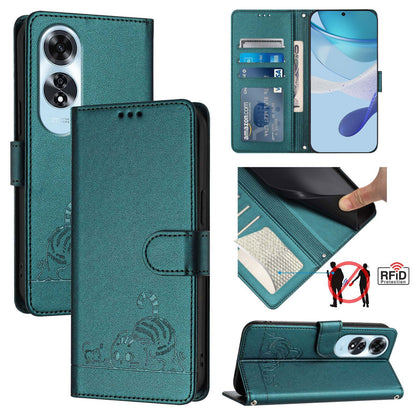 OPPO A60 4G Global Leather Phone Case with Cat and Rat Embossed Pattern, RFID Protection, Card Holder Slots, Anti-fall Feature & Lanyard