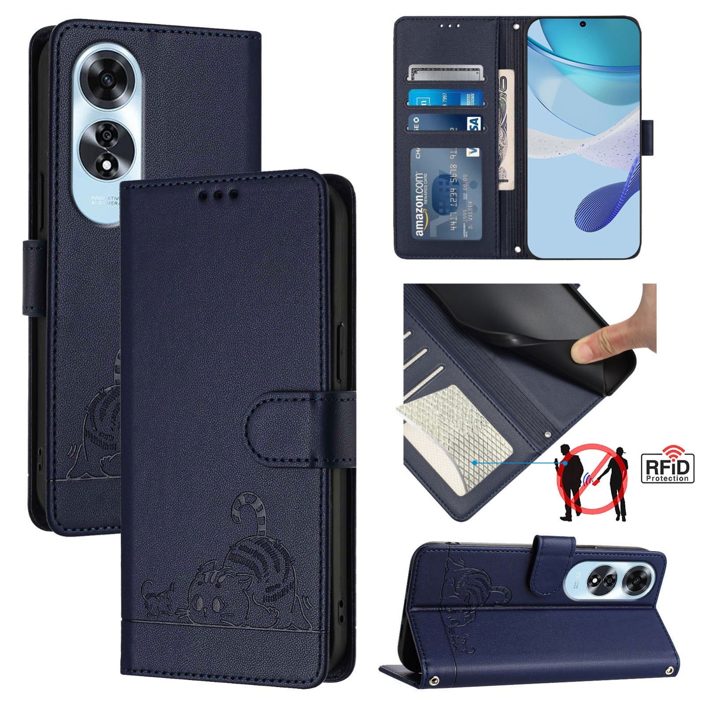 OPPO A60 4G Global Leather Phone Case with Cat and Rat Embossed Pattern, RFID Protection, Card Holder Slots, Anti-fall Feature & Lanyard