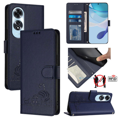 OPPO A60 4G Global Leather Phone Case with Cat and Rat Embossed Pattern, RFID Protection, Card Holder Slots, Anti-fall Feature & Lanyard