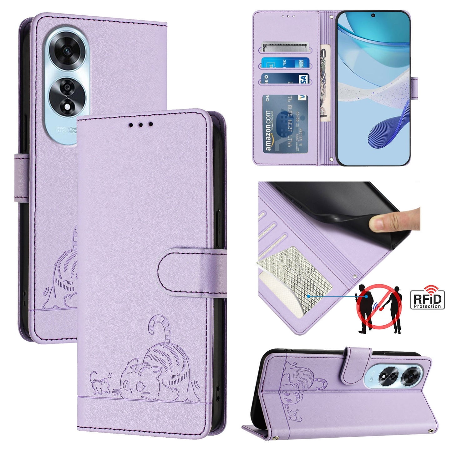 OPPO A60 4G Global Leather Phone Case with Cat and Rat Embossed Pattern, RFID Protection, Card Holder Slots, Anti-fall Feature & Lanyard
