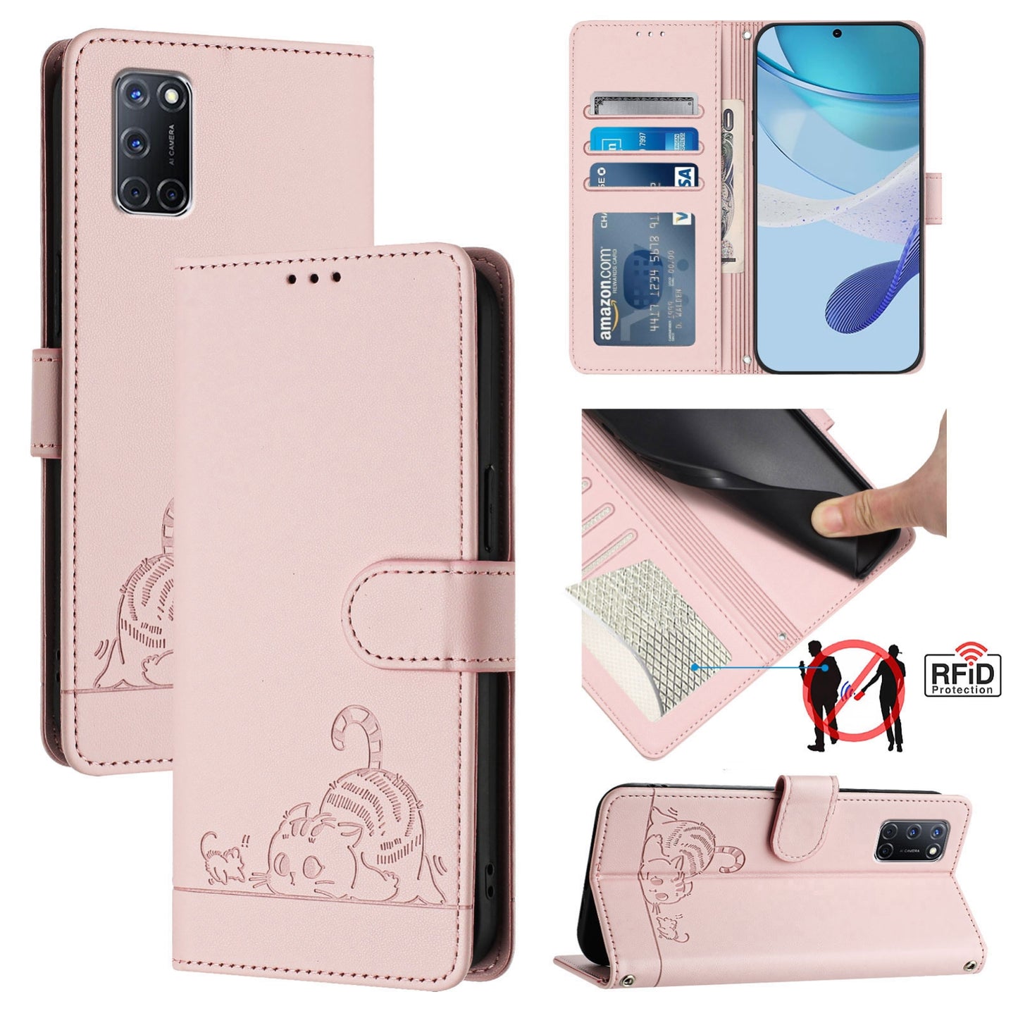 OPPO A72 Leather Phone Case with Cat and Rat Embossed Pattern, RFID Protection, Card Holder Slots, Anti-fall Feature & Lanyard
