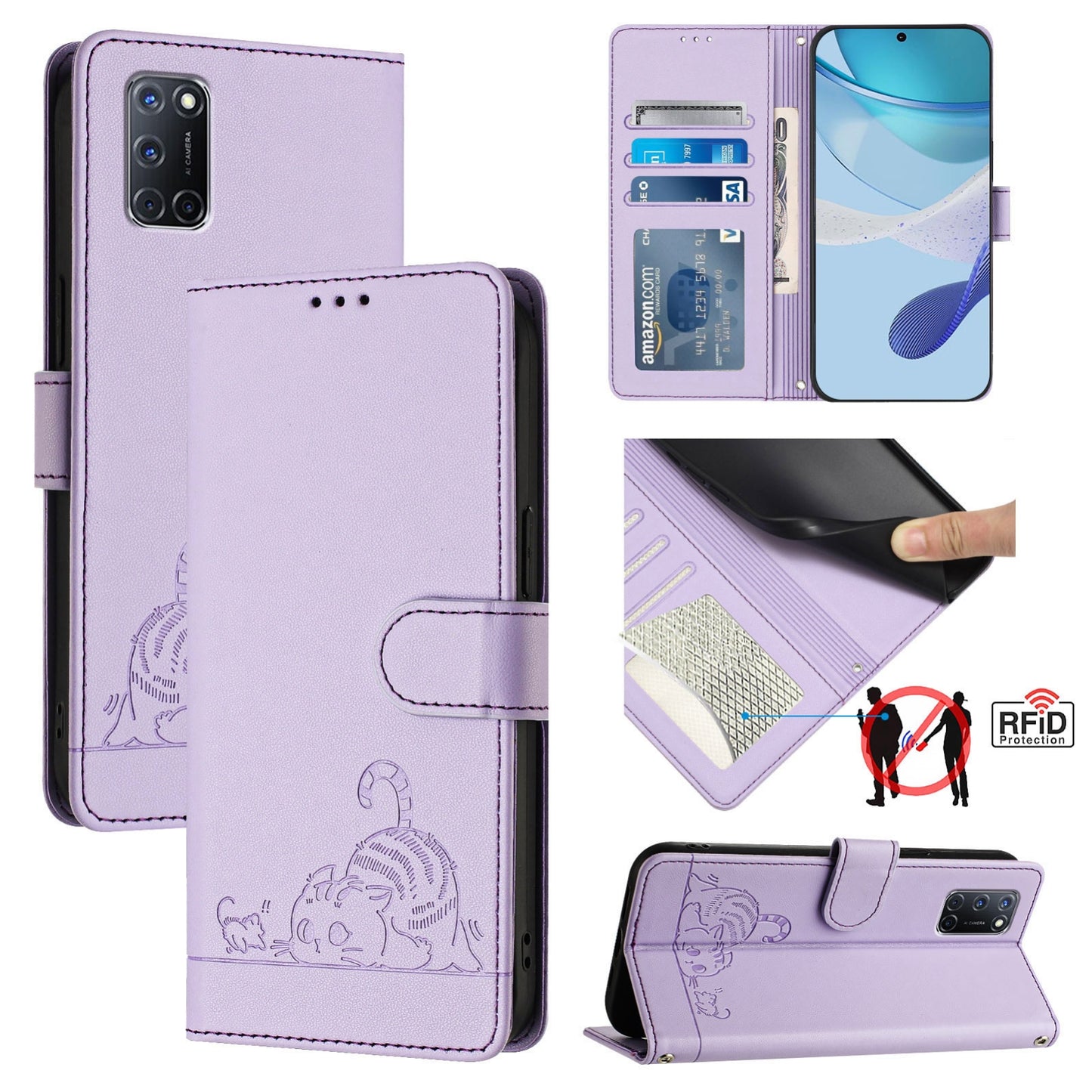 OPPO A92 4G Leather Phone Case with Cat and Rat Embossed Pattern, RFID Protection, Card Holder Slots, Anti-fall Feature & Lanyard