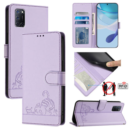 OPPO A52 Leather Phone Case with Cat and Rat Embossed Pattern, RFID Protection, Card Holder Slots, Anti-fall Feature & Lanyard