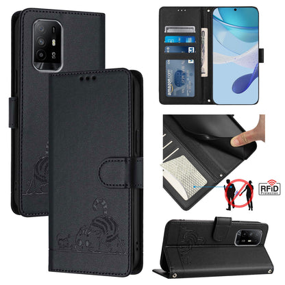 OPPO A74 4G Leather Phone Case with Cat and Rat Embossed Pattern, RFID Protection, Card Holder Slots, Anti-fall Feature & Lanyard