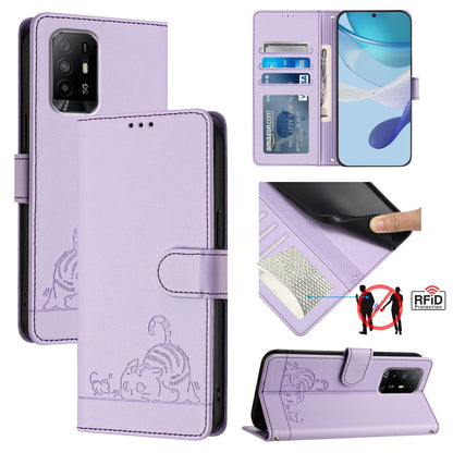 OPPO A74 4G Leather Phone Case with Cat and Rat Embossed Pattern, RFID Protection, Card Holder Slots, Anti-fall Feature & Lanyard