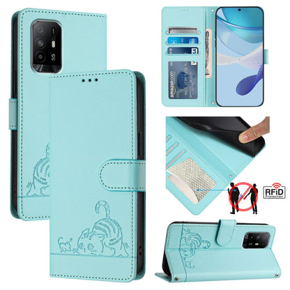 OPPO Reno6 Lite Leather Phone Case with Cat and Rat Embossed Pattern, RFID Protection, Card Holder Slots, Anti-fall Feature & Lanyard