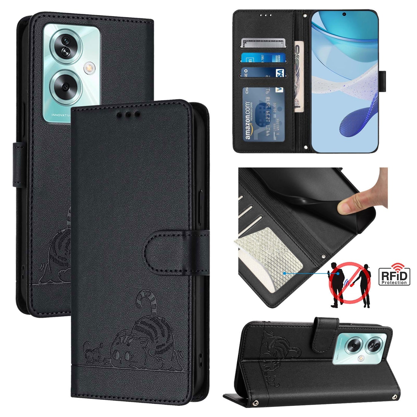 OPPO A79 5G Global Leather Phone Case with Cat and Rat Embossed Pattern, RFID Protection, Card Holder Slots, Anti-fall Feature & Lanyard