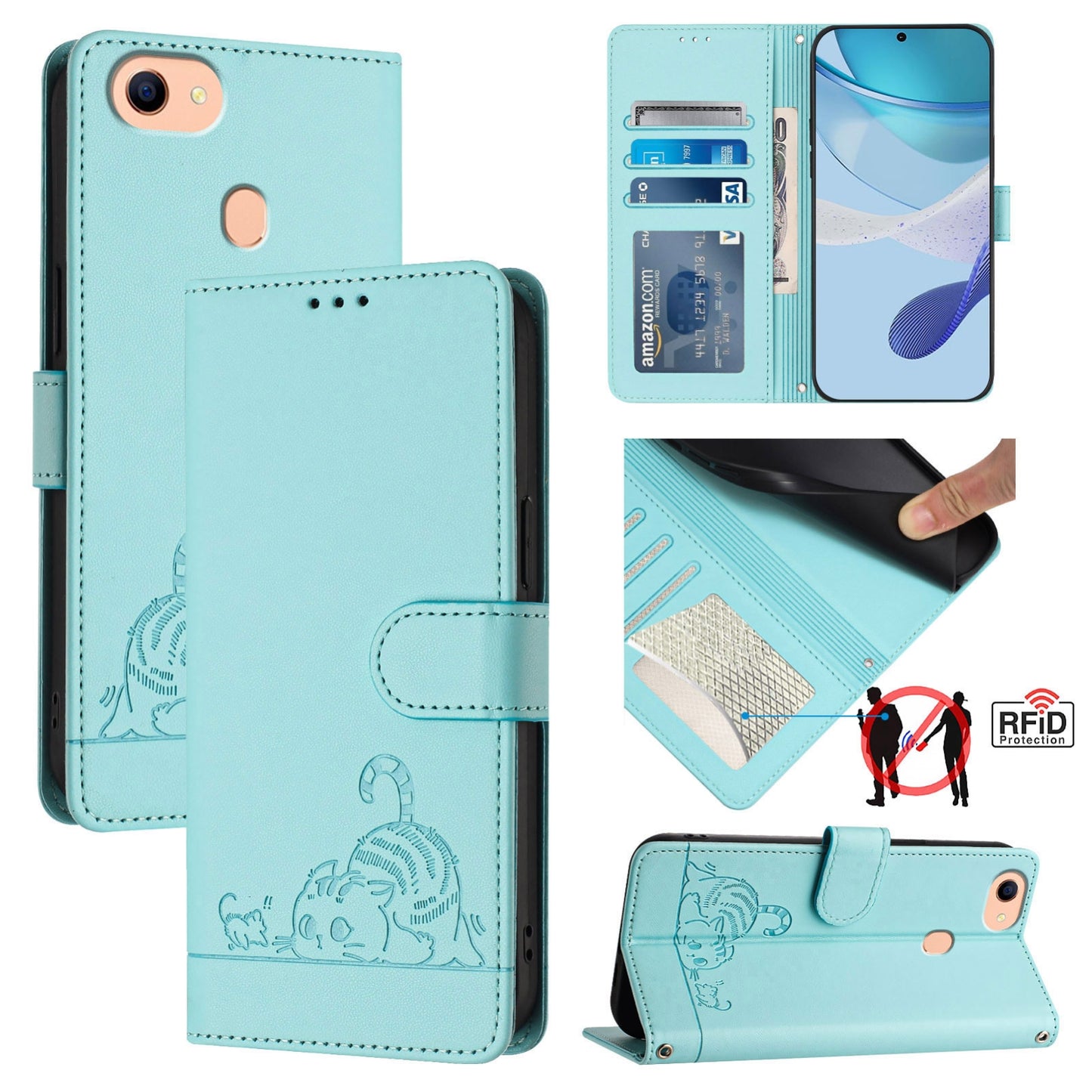 OPPO F17 Leather Phone Case with Cat and Rat Embossed Pattern, RFID Protection, Card Holder Slots, Anti-fall Feature & Lanyard