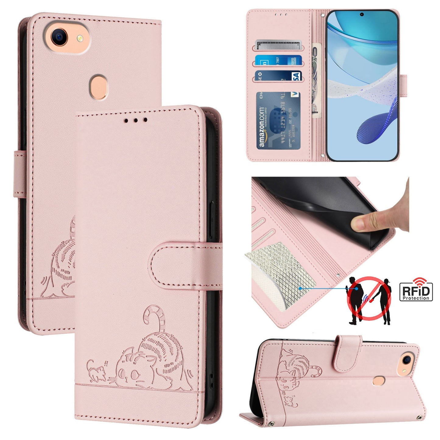 OPPO F17 Leather Phone Case with Cat and Rat Embossed Pattern, RFID Protection, Card Holder Slots, Anti-fall Feature & Lanyard