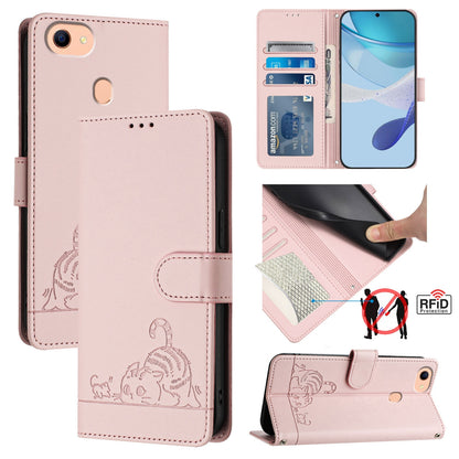 OPPO A73 2020 4G Global Leather Phone Case with Cat and Rat Embossed Pattern, RFID Protection, Card Holder Slots, Anti-fall Feature & Lanyard