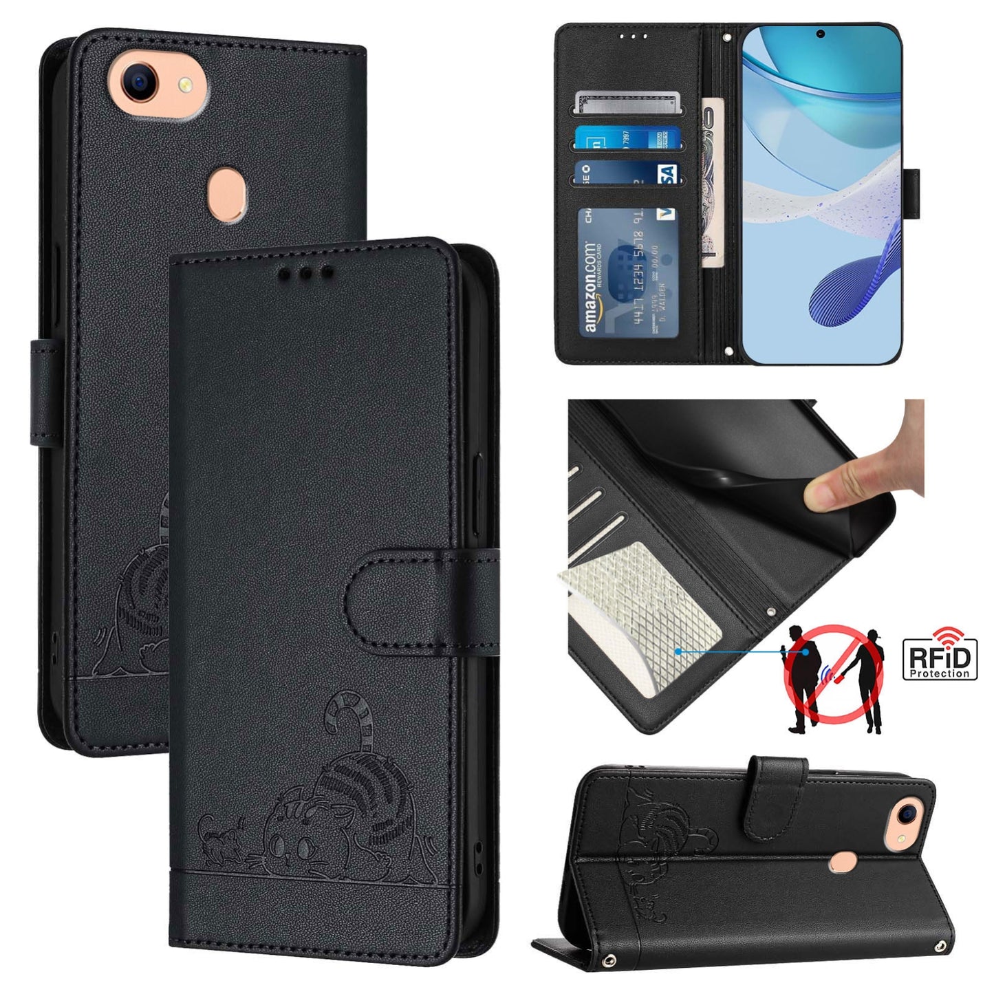 OPPO F17 Leather Phone Case with Cat and Rat Embossed Pattern, RFID Protection, Card Holder Slots, Anti-fall Feature & Lanyard