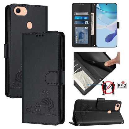 OPPO F17 Leather Phone Case with Cat and Rat Embossed Pattern, RFID Protection, Card Holder Slots, Anti-fall Feature & Lanyard
