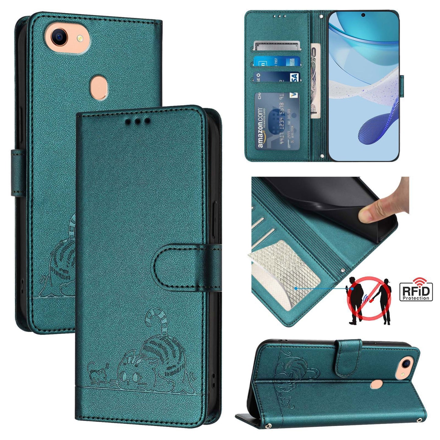OPPO A73 2020 4G Global Leather Phone Case with Cat and Rat Embossed Pattern, RFID Protection, Card Holder Slots, Anti-fall Feature & Lanyard