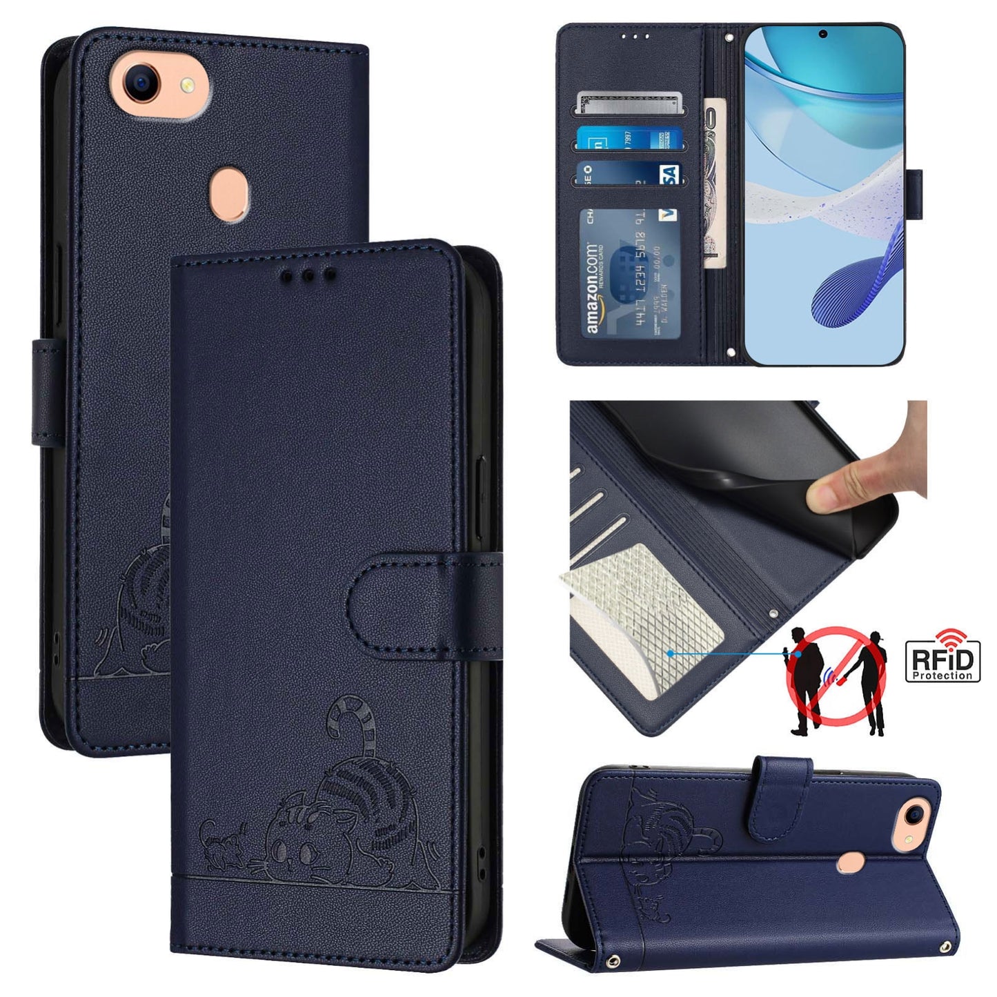 OPPO F17 Leather Phone Case with Cat and Rat Embossed Pattern, RFID Protection, Card Holder Slots, Anti-fall Feature & Lanyard