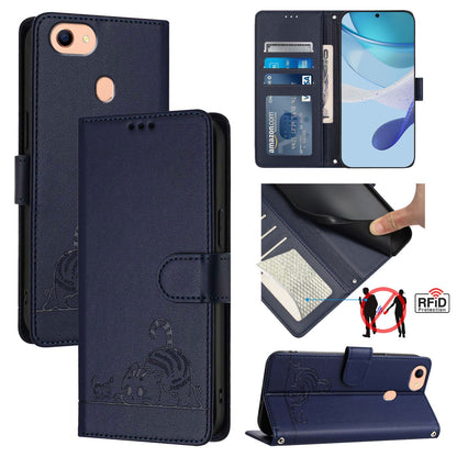 OPPO A73 2020 4G Global Leather Phone Case with Cat and Rat Embossed Pattern, RFID Protection, Card Holder Slots, Anti-fall Feature & Lanyard