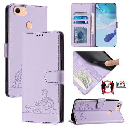 OPPO A73 2020 4G Global Leather Phone Case with Cat and Rat Embossed Pattern, RFID Protection, Card Holder Slots, Anti-fall Feature & Lanyard