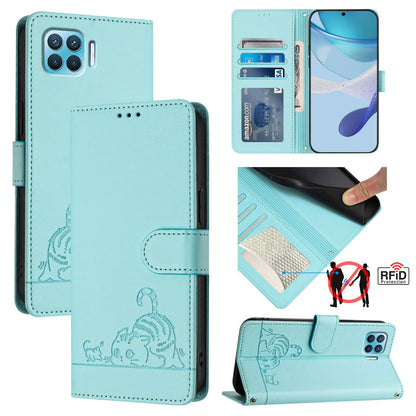 OPPO F17 Pro Leather Phone Case with Cat and Rat Embossed Pattern, RFID Protection, Card Holder Slots, Anti-fall Feature & Lanyard
