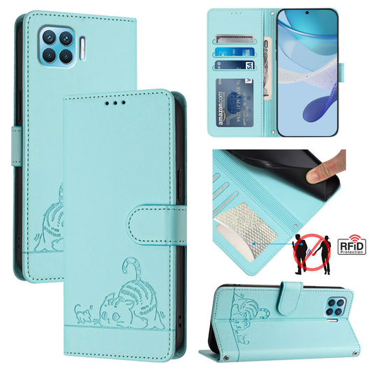 OPPO F17 Pro Leather Phone Case with Cat and Rat Embossed Pattern, RFID Protection, Card Holder Slots, Anti-fall Feature & Lanyard