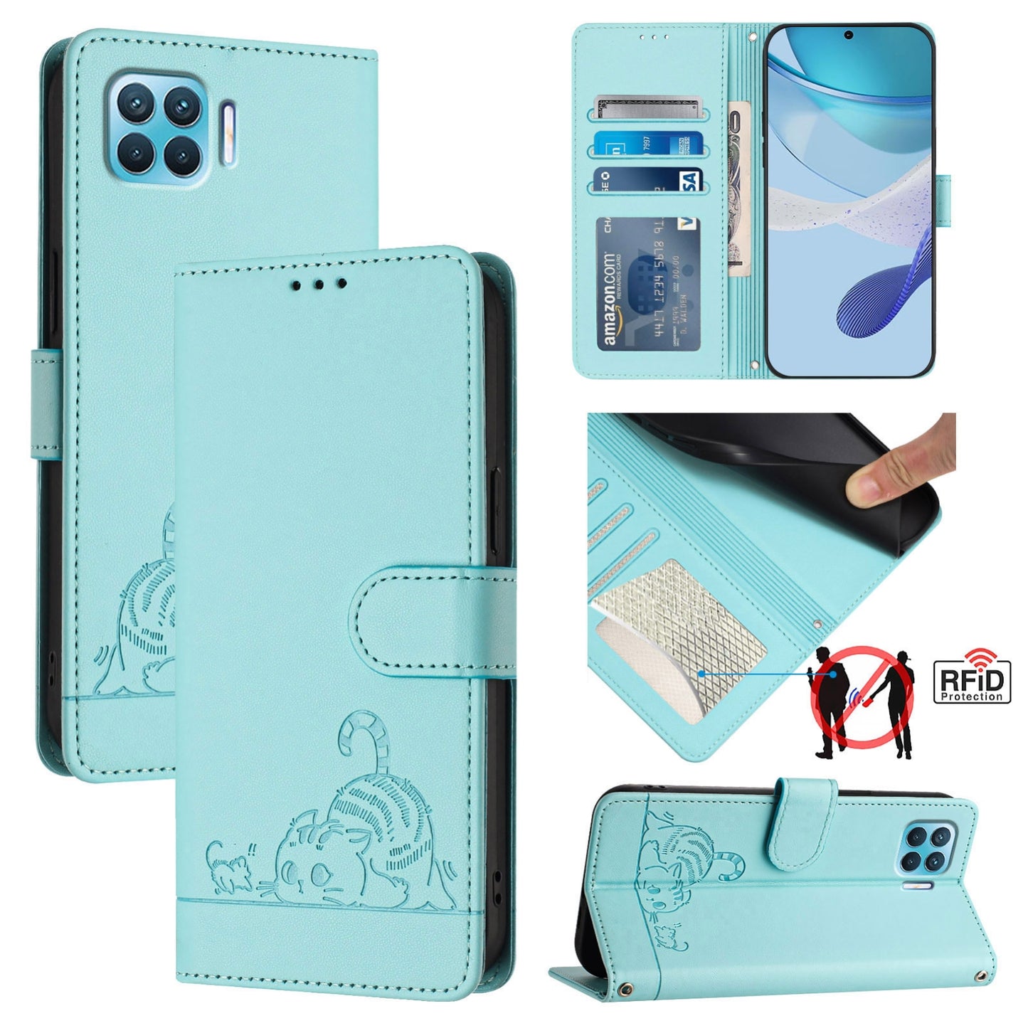 OPPO A93 2020 4G Global Leather Phone Case with Cat and Rat Embossed Pattern, RFID Protection, Card Holder Slots, Anti-fall Feature & Lanyard