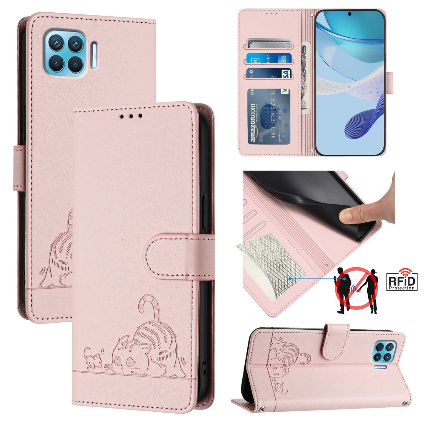 OPPO F17 Pro Leather Phone Case with Cat and Rat Embossed Pattern, RFID Protection, Card Holder Slots, Anti-fall Feature & Lanyard