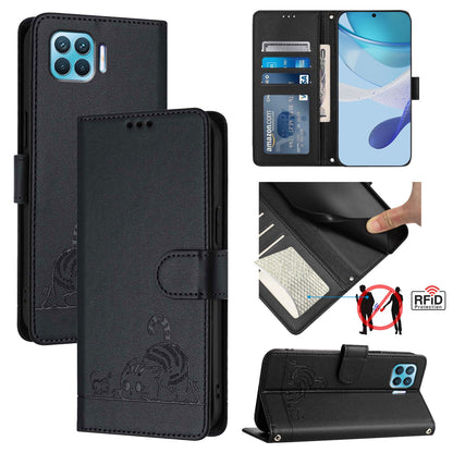 OPPO A93 2020 4G Global Leather Phone Case with Cat and Rat Embossed Pattern, RFID Protection, Card Holder Slots, Anti-fall Feature & Lanyard