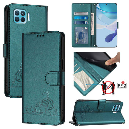 OPPO F17 Pro Leather Phone Case with Cat and Rat Embossed Pattern, RFID Protection, Card Holder Slots, Anti-fall Feature & Lanyard