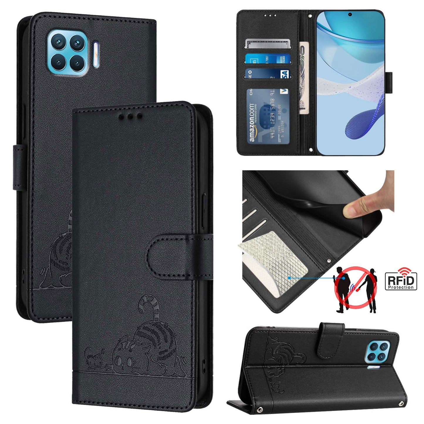 OPPO Reon4 Lite Leather Phone Case with Cat and Rat Embossed Pattern, RFID Protection, Card Holder Slots, Anti-fall Feature & Lanyard
