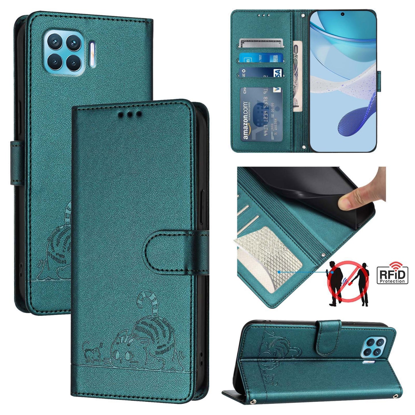 OPPO Reon4 Lite Leather Phone Case with Cat and Rat Embossed Pattern, RFID Protection, Card Holder Slots, Anti-fall Feature & Lanyard