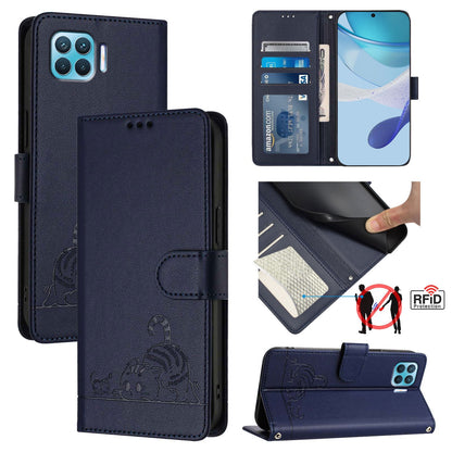 OPPO Reon4 Lite Leather Phone Case with Cat and Rat Embossed Pattern, RFID Protection, Card Holder Slots, Anti-fall Feature & Lanyard