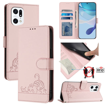 OPPO Find X5 Pro Leather Phone Case with Cat and Rat Embossed Pattern, RFID Protection, Card Holder Slots, Anti-fall Feature & Lanyard