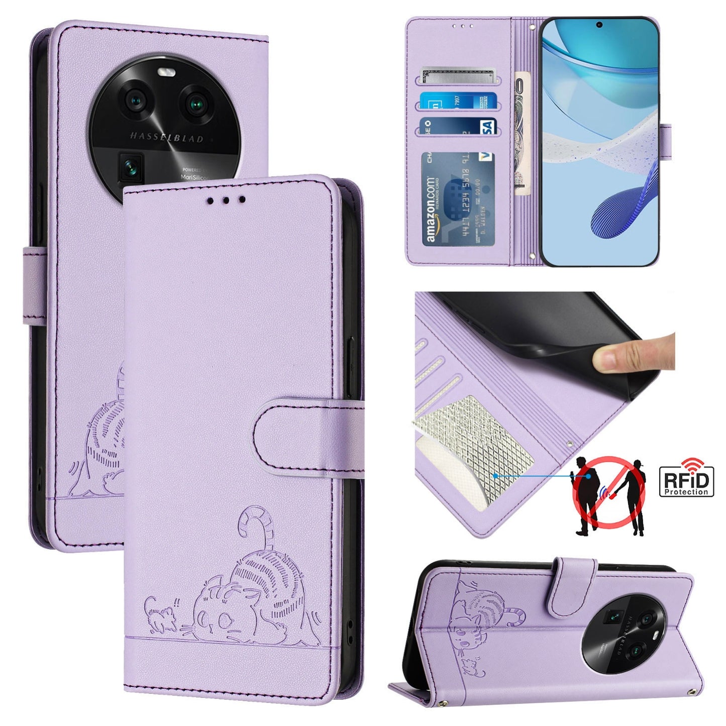 OPPO Find X6 Leather Phone Case with Cat and Rat Embossed Pattern, RFID Protection, Card Holder Slots, Anti-fall Feature & Lanyard