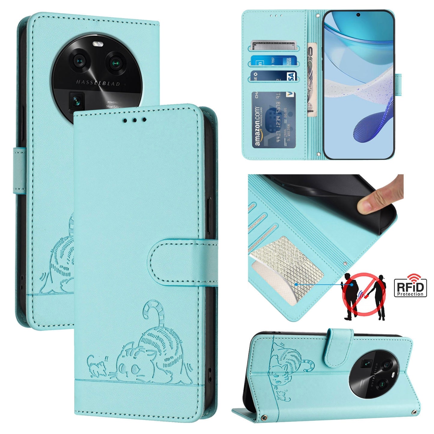 OPPO Find X6 Pro Leather Phone Case with Cat and Rat Embossed Pattern, RFID Protection, Card Holder Slots, Anti-fall Feature & Lanyard