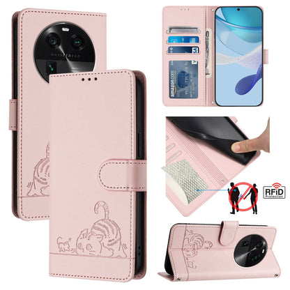 OPPO Find X6 Pro Leather Phone Case with Cat and Rat Embossed Pattern, RFID Protection, Card Holder Slots, Anti-fall Feature & Lanyard