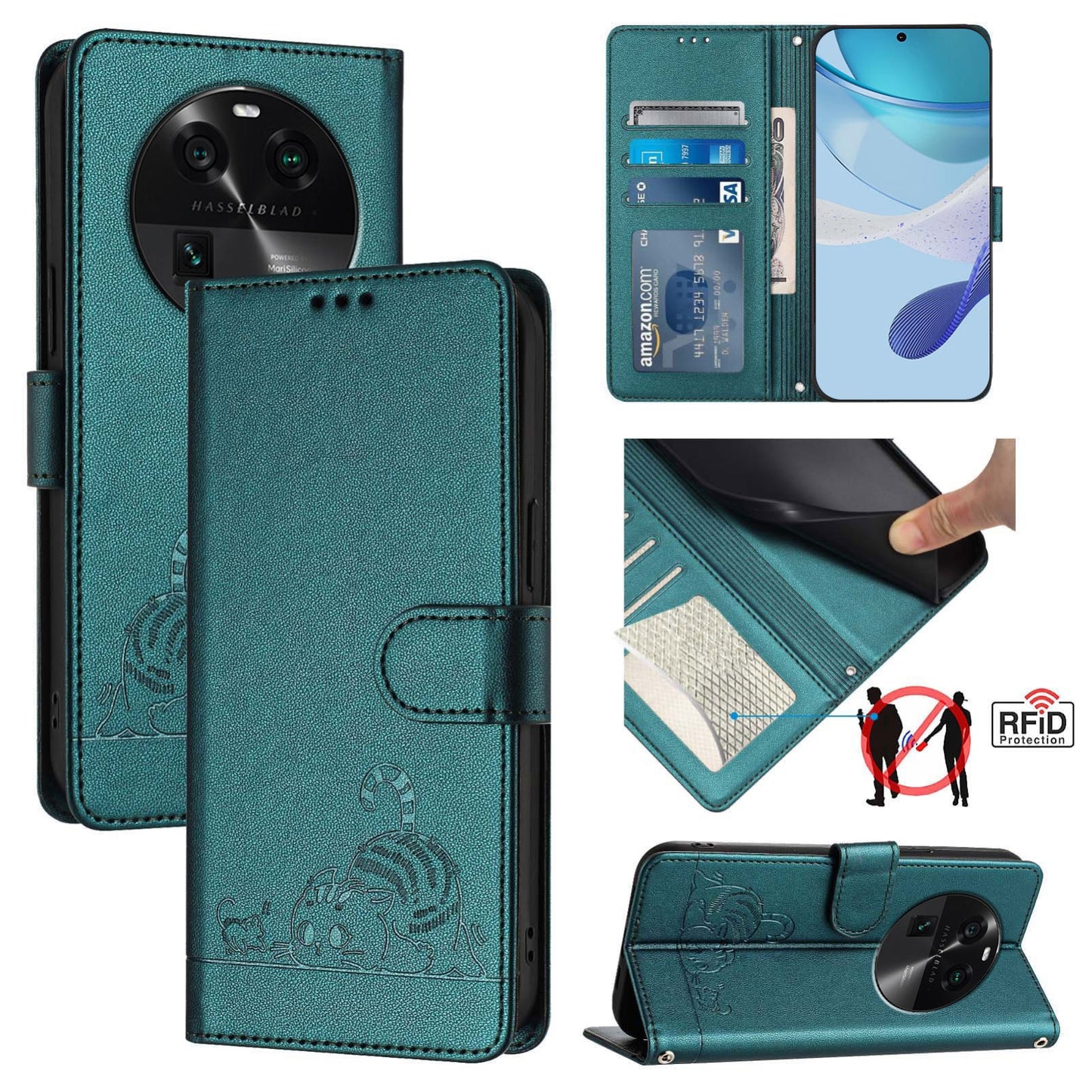 OPPO Find X6 Pro Leather Phone Case with Cat and Rat Embossed Pattern, RFID Protection, Card Holder Slots, Anti-fall Feature & Lanyard