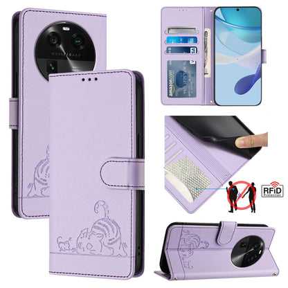 OPPO Find X6 Pro Leather Phone Case with Cat and Rat Embossed Pattern, RFID Protection, Card Holder Slots, Anti-fall Feature & Lanyard
