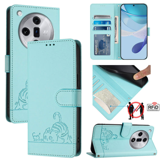 OPPO Find X7 Leather Phone Case with Cat and Rat Embossed Pattern, RFID Protection, Card Holder Slots, Anti-fall Feature & Lanyard
