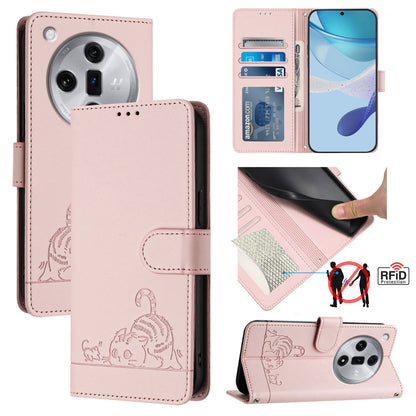 OPPO Find X7 Leather Phone Case with Cat and Rat Embossed Pattern, RFID Protection, Card Holder Slots, Anti-fall Feature & Lanyard