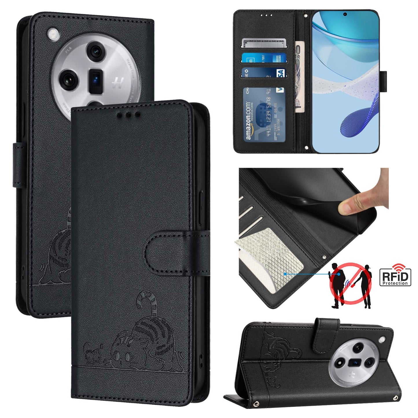 OPPO Find X7 Leather Phone Case with Cat and Rat Embossed Pattern, RFID Protection, Card Holder Slots, Anti-fall Feature & Lanyard