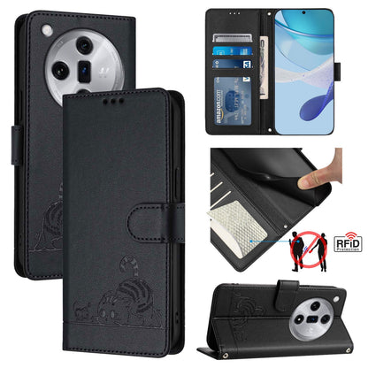 OPPO Find X7 Leather Phone Case with Cat and Rat Embossed Pattern, RFID Protection, Card Holder Slots, Anti-fall Feature & Lanyard