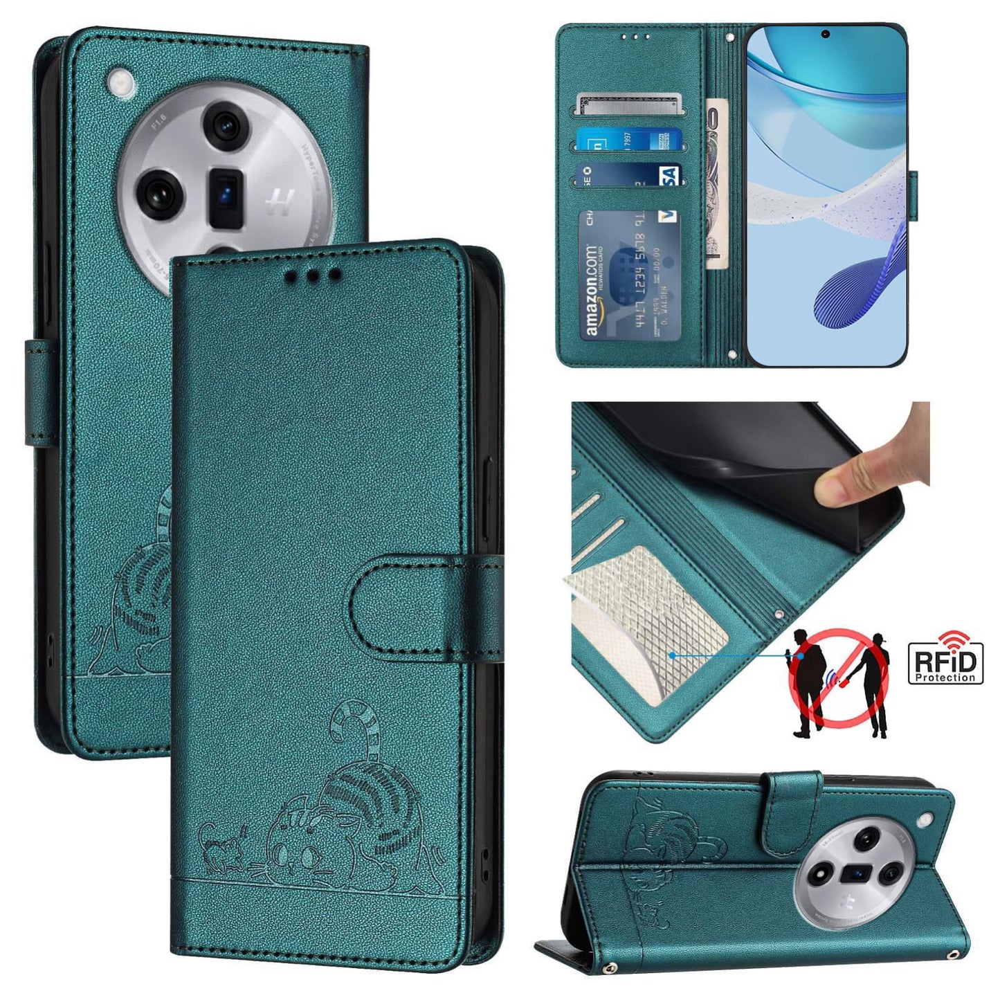 OPPO Find X7 Leather Phone Case with Cat and Rat Embossed Pattern, RFID Protection, Card Holder Slots, Anti-fall Feature & Lanyard