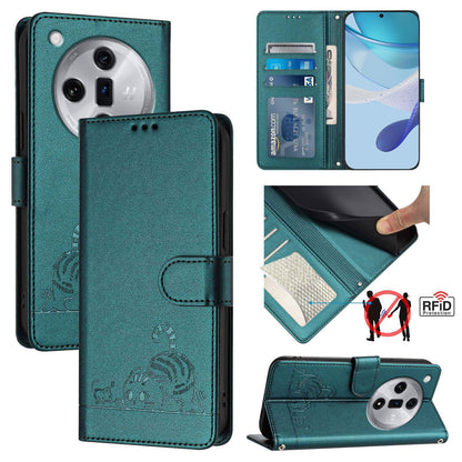 OPPO Find X7 Leather Phone Case with Cat and Rat Embossed Pattern, RFID Protection, Card Holder Slots, Anti-fall Feature & Lanyard
