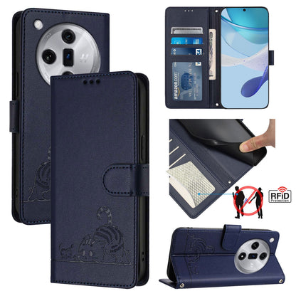 OPPO Find X7 Leather Phone Case with Cat and Rat Embossed Pattern, RFID Protection, Card Holder Slots, Anti-fall Feature & Lanyard