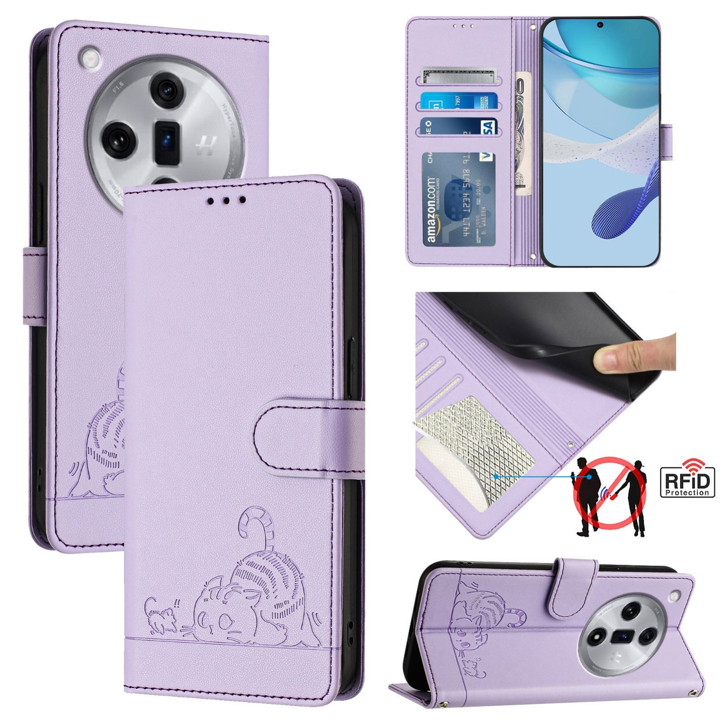 OPPO Find X7 Leather Phone Case with Cat and Rat Embossed Pattern, RFID Protection, Card Holder Slots, Anti-fall Feature & Lanyard