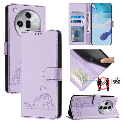 OPPO Find X7 Leather Phone Case with Cat and Rat Embossed Pattern, RFID Protection, Card Holder Slots, Anti-fall Feature & Lanyard